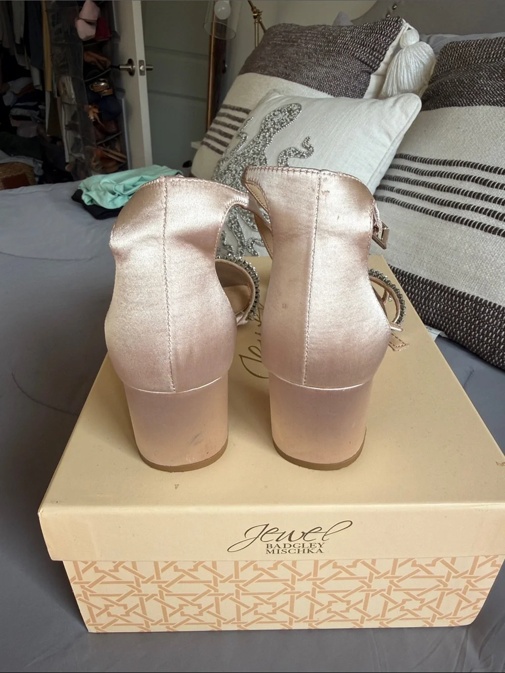 Jewel Badgley Mischka Blush champagne Satin Block-Heel Sandals with Crystal Band